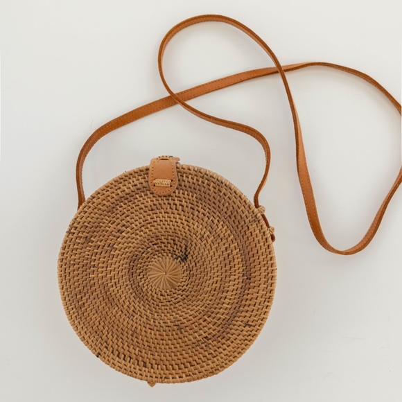 Round Rattan Woven Purse with Leather Strap - Picture 1 of 4